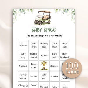 100 utskrivbara golfbingokort för babyshower: Förfyllda presentbingokort för babyshower, babyshower för tee, babyshower-spel för små putter, NEDLADDNING