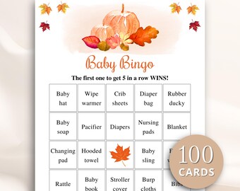 100 Printable Pumpkin Baby Shower Bingo Cards, Prefilled Baby Shower Gift Bingo Cards, Thanksgiving Baby Shower Games, DOWNLOAD