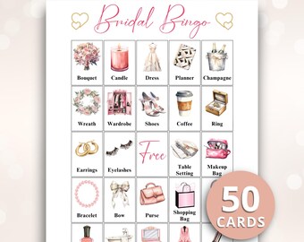 May include: A Bridal Bingo game card featuring a grid of watercolor illustrations including a bouquet, candle, dress, planner, champagne, wreath, wardrobe, shoes, coffee, ring, earrings, eyelashes, table setting, makeup bag, bracelet, bow, purse, shopping bag, nail polish, bath, jewelry box, robe, and lipstick, with the text 50 CARDS.
