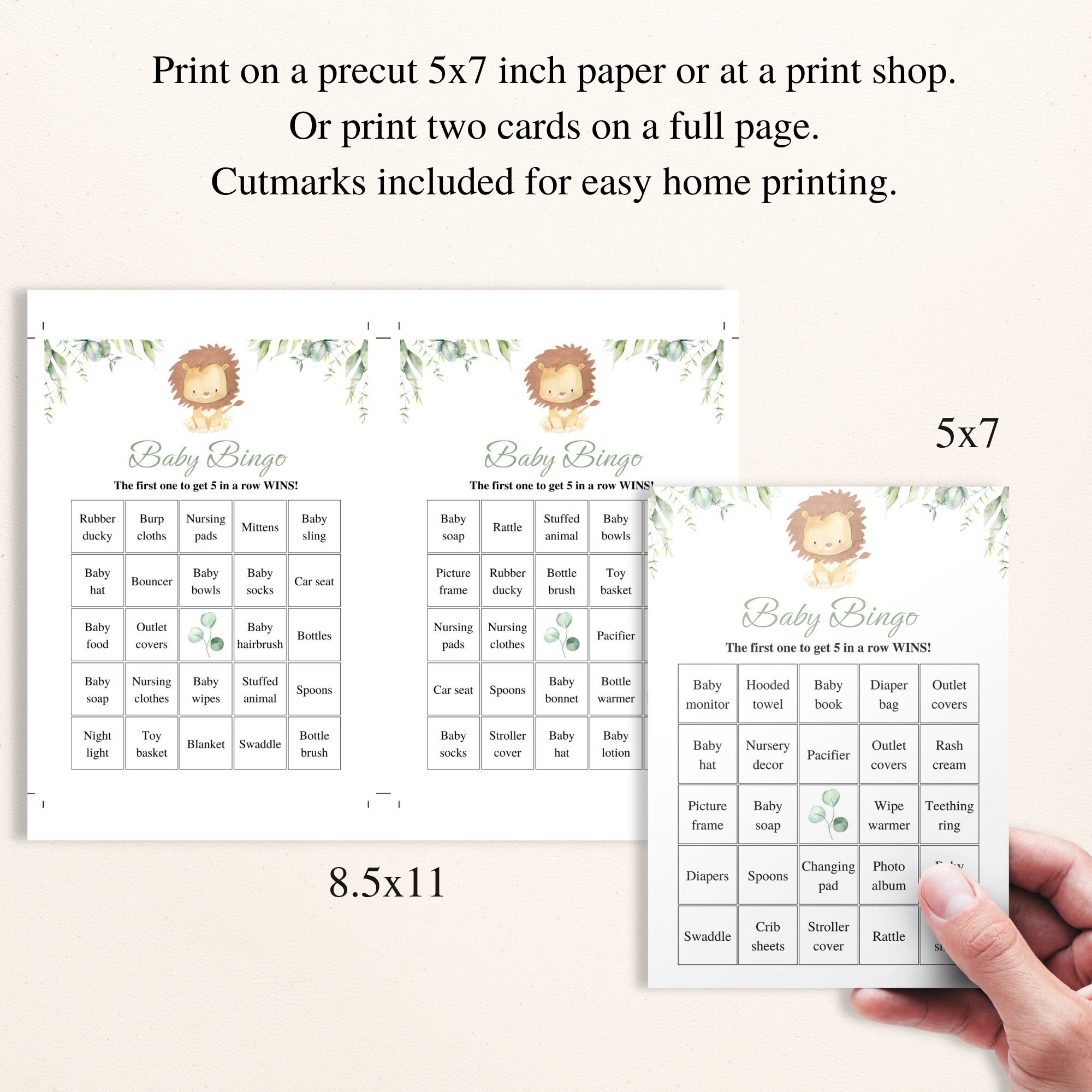 30 Printable Lion Baby Shower Bingo Cards 5x7'' Prefilled Baby Bingo ...
