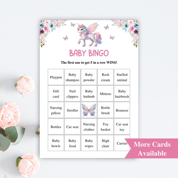 30 Printable Unicorn Baby Shower Bingo Cards | 5x7'' Floral Unicorn Baby Bingo Cards | Magical Baby Shower Games | DOWNLOAD