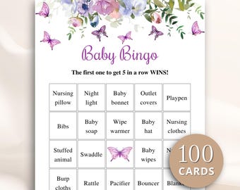100 Printable Purple Butterfly Baby Shower Bingo Cards, Prefilled Baby Shower Gift Bingo Cards, Garden Baby Shower Games, DOWNLOAD