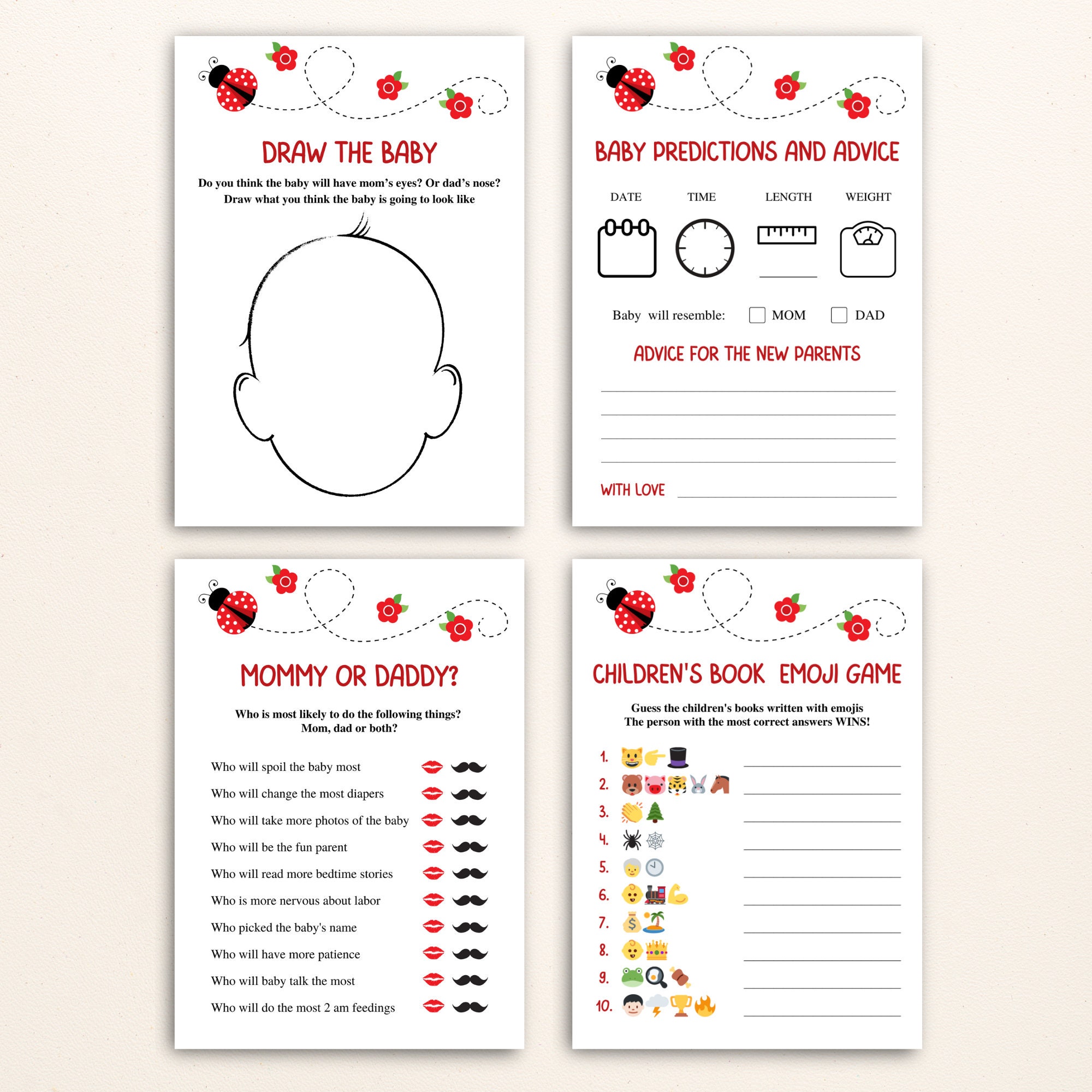 16 Printable Red Ladybug Baby Shower Games, Garden Shower Game Bundle ...