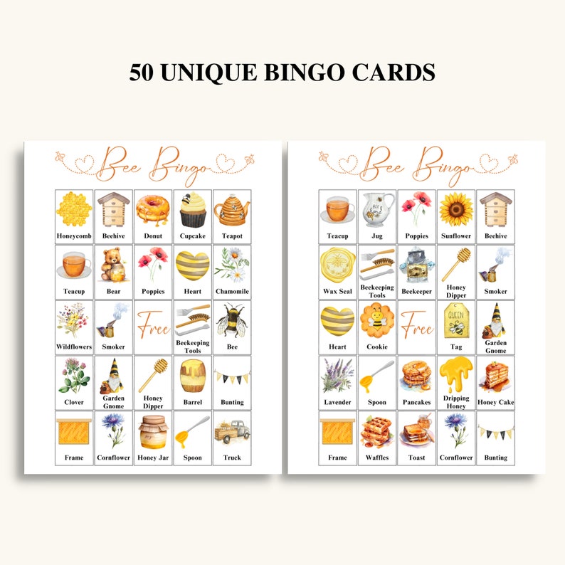 Puede incluir: Dos tarjetas de bingo con tem&aacute;tica de abejas con cuadr&iacute;culas de 5x5. Cada tarjeta tiene un espacio libre en el centro y 24 im&aacute;genes &uacute;nicas, incluyendo una colmena, un cuchar&oacute;n de miel, un gnomo de jard&iacute;n y una abeja. Las tarjetas est&aacute;n tituladas "Bee Bingo".