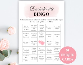 50 Printable Bachelorette Bingo Cards, 5x7’’ Bachelorette Party Bingo, CLEAN Bachelorette Party Games, Bachelorette Games, US Letter & A4