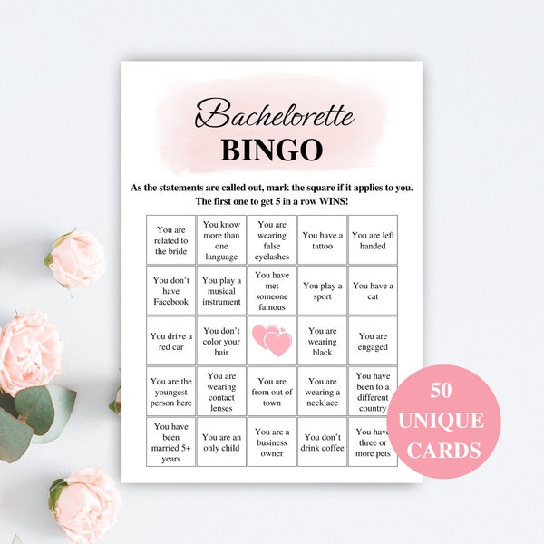 50 Printable Bachelorette Bingo Cards, 5x7’’ Bachelorette Party Bingo, CLEAN Bachelorette Party Games, Bachelorette Games, US Letter & A4