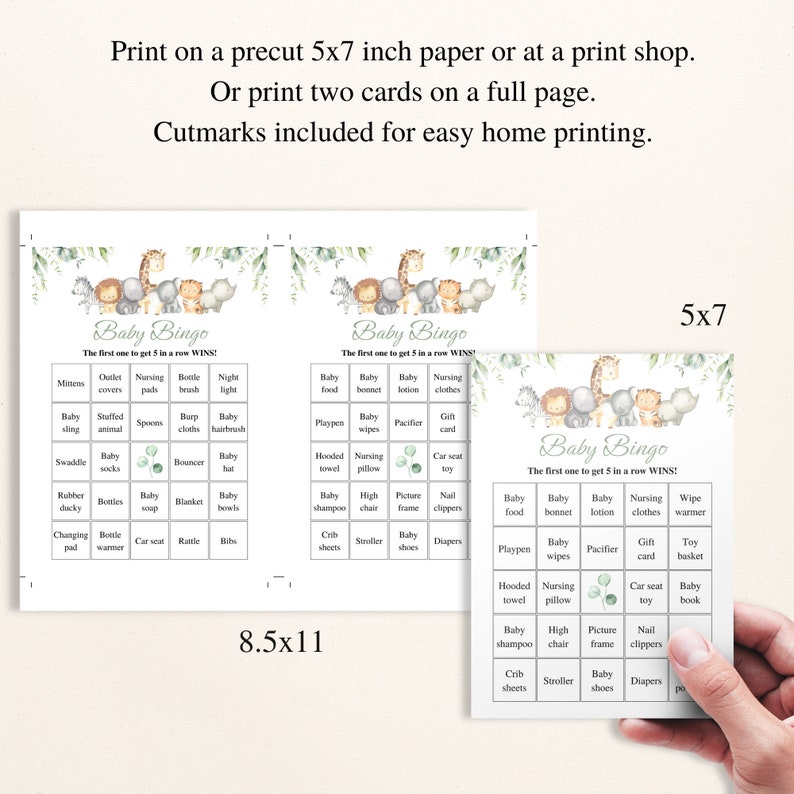 30 Printable Safari Baby Shower Bingo Cards 5x7'' Prefilled Baby Bingo ...