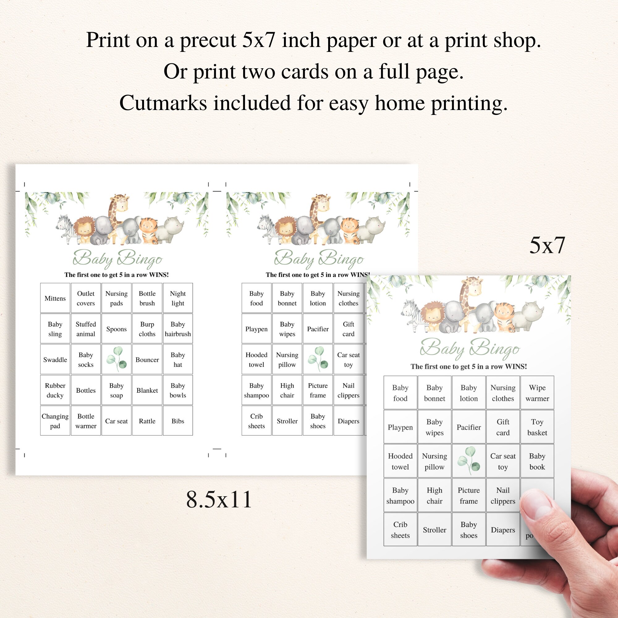 30 Printable Safari Baby Shower Bingo Cards 5x7'' Prefilled Baby Bingo ...