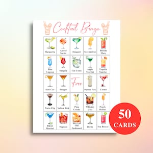 50 cartes de bingo cocktail imprimables | Cartes de bingo sur le thème des cocktails pour une fête prénuptiale, un enterrement de vie de jeune fille ou une fête d'anniversaire pour adulte | TÉLÉCHARGER