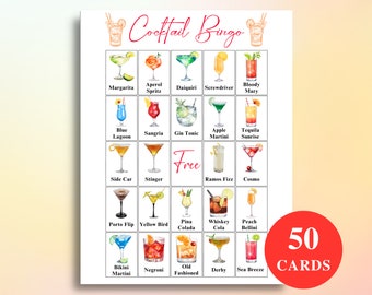 50 tarjetas de bingo con imágenes de cócteles para imprimir, juegos para fiestas de cumpleaños de adultos, juegos para despedidas de soltera, juegos para chicas, 8,5 x 11 pulgadas (descargar)