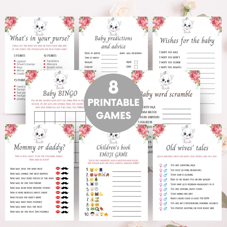 Printable Cat Themed Baby Shower Games Kitten Baby Shower Etsy