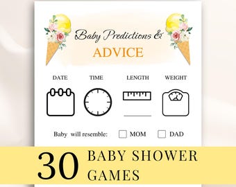 30 Printable Ice Cream Baby Shower Games, Here’s The Scoop Baby Shower Games, Yellow Baby Shower Games, Dessert Baby Shower Games, DOWNLOAD