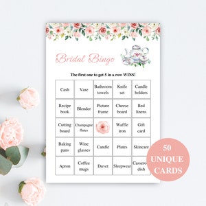 50 tarjetas de bingo de despedida de soltera imprimibles, tarjetas de juego de bingo de novia precargadas, bingo de regalo de despedida de soltera, juegos de despedida de soltera de fiesta de té, DESCARGAR