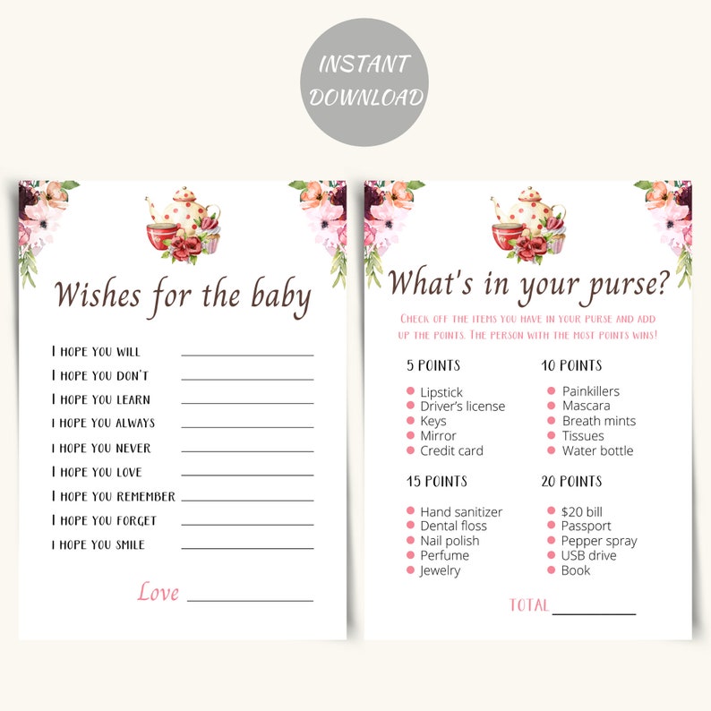 Tea Party Baby Shower Games Printable Afternoon Tea Baby Etsy