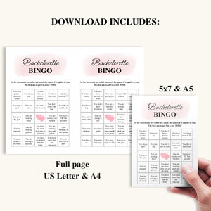 K&ouml;nnte beinhalten: Eine druckbare Bachelorette-Bingo-Karte mit einem rosa und wei&szlig;en Aquarellhintergrund. Die Karte zeigt ein Raster mit Feldern mit verschiedenen Aussagen, die sich auf eine Junggesellinnenparty beziehen. Der Text "Bachelorette Bingo" steht oben auf der Karte. Die Karte ist f&uuml;r ein Junggesellinnenparty-Spiel konzipiert.