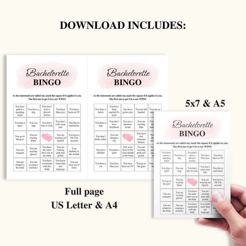 K&ouml;nnte beinhalten: Eine druckbare Bachelorette-Bingo-Karte mit einem rosa und wei&szlig;en Aquarellhintergrund. Die Karte zeigt ein Raster mit Feldern mit verschiedenen Aussagen, die sich auf eine Junggesellinnenparty beziehen. Der Text "Bachelorette Bingo" steht oben auf der Karte. Die Karte ist f&uuml;r ein Junggesellinnenparty-Spiel konzipiert.