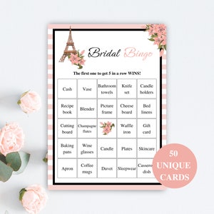 50 tarjetas de bingo de despedida de soltera imprimibles, tarjetas de juego de bingo de novia precargadas, bingo de regalo de despedida de soltera, juegos de despedida de soltera de París, DESCARGAR