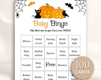100 Printable Halloween Baby Shower Bingo Cards, Prefilled Baby Shower Gift Bingo Cards, Pumpkin Baby Shower Games, DOWNLOAD