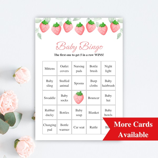 30 Printable Prefilled Baby Shower Bingo Cards, Strawberry Baby Shower Bingo, Berry Sweet Baby Shower Games, Baby Bingo Prefilled DOWNLOAD