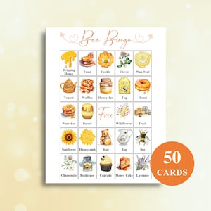 50 tarjetas de bingo de abejas imprimibles / Bingo de imágenes temáticas de miel / Bingo de cumpleaños de abejas / Bingo de despedida de soltera de abejas / Bingo de baby shower de abejas / DESCARGAR