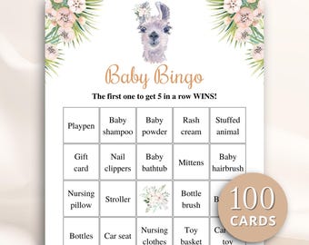 100 tarjetas de bingo imprimibles de llamas para baby shower, tarjetas de bingo precargadas para baby shower, juegos de alpacas para baby shower, descarga