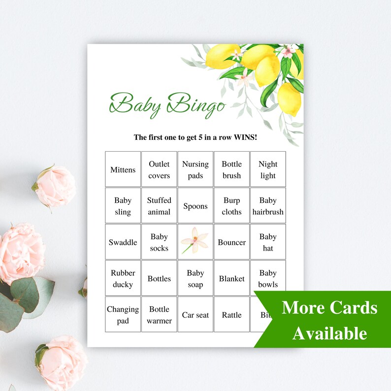 30 Printable Prefilled Baby Shower Bingo Cards, Lemon Baby Shower Bingo