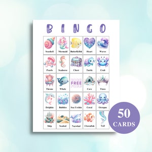 50 cartões de bingo de sereia para impressão, bingo de imagem de sereia, jogos de festa de aniversário de sereia, jogos de festa no fundo do mar, carta dos EUA 8,5x11 DOWNLOAD