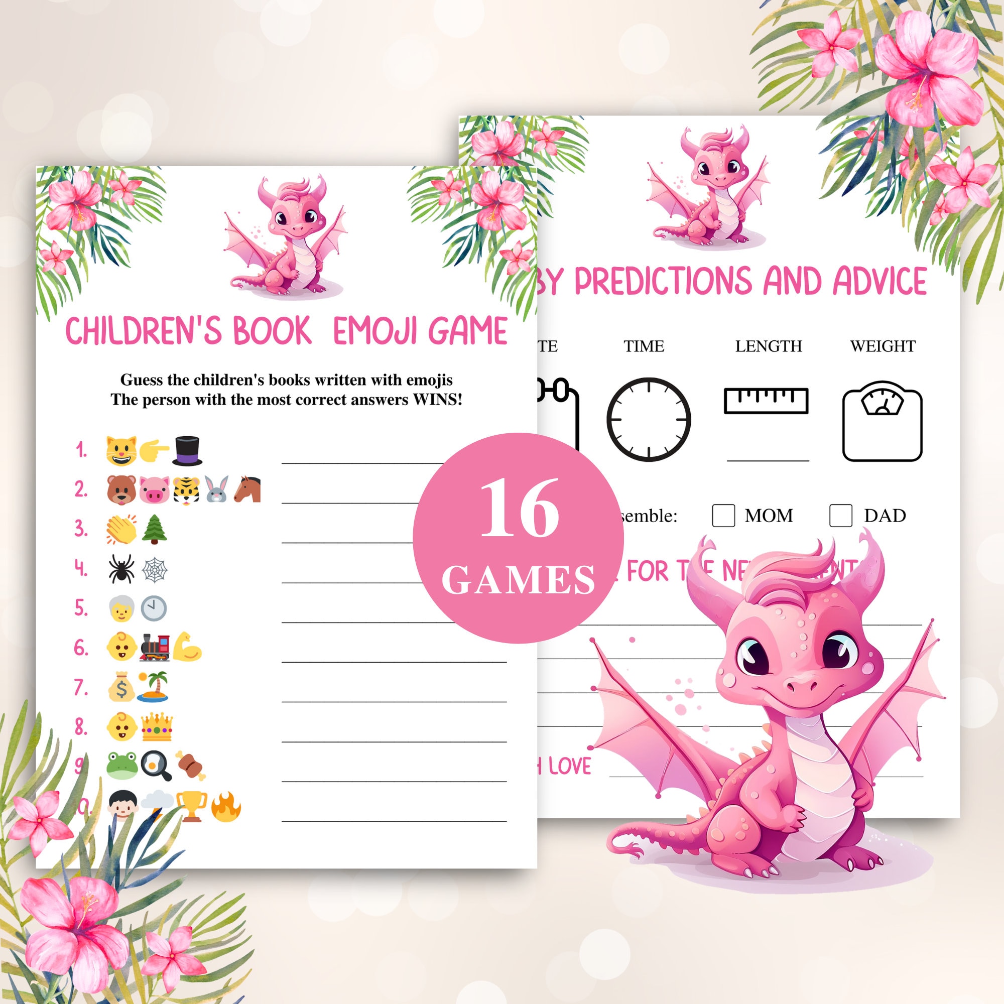 16 Printable Pink Dragon Baby Shower Games | Girl Dragon Baby Shower ...