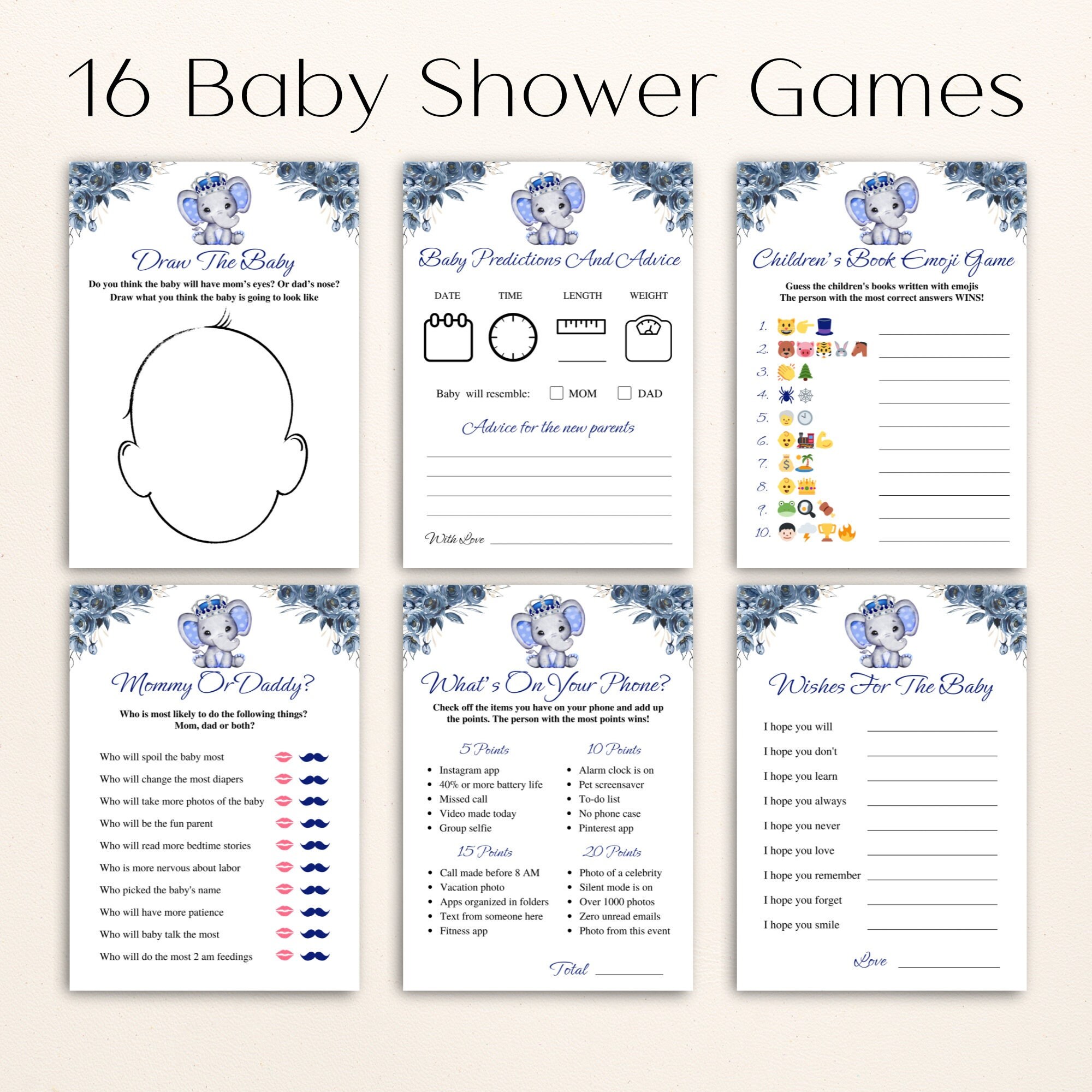 16 Printable Royal Blue Baby Shower Games Boy Elephant Baby Shower Game ...