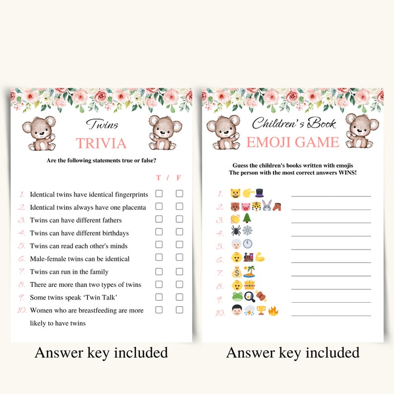 14 Printable Twin Baby Shower Games Twin Girls Baby Shower Game Bundle ...
