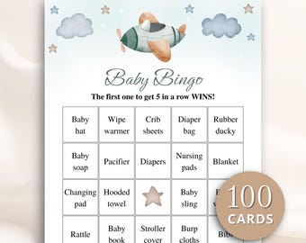 100 Printable Airplane Baby Shower Bingo Cards, Prefilled Baby Shower Gift Bingo Cards, Adventure Awaits Baby Shower Games, DOWNLOAD