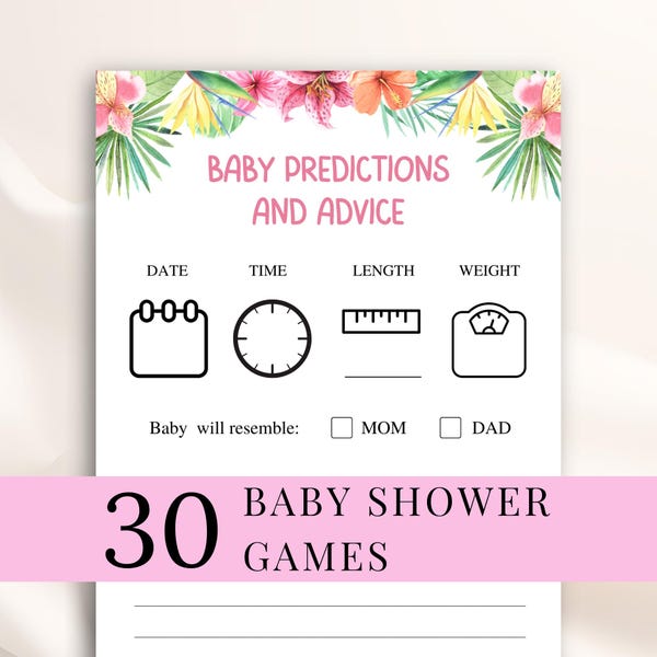 30 juegos imprimibles para baby shower tropical, juegos de baby shower luau, juegos de baby shower hawaiano, juegos de baby shower playero, DESCARGAR
