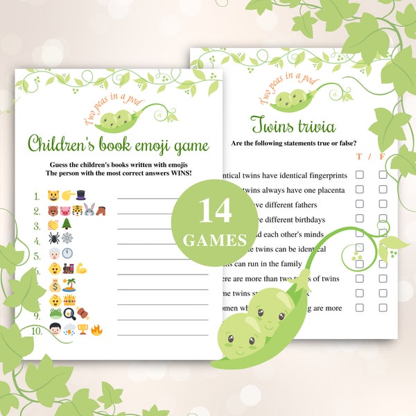 14 Printable Twins Baby Shower Games, Two Peas In A Pod Twin Baby Shower Games, 5x7'' Baby Shower Games For Twins, DOWNLOAD