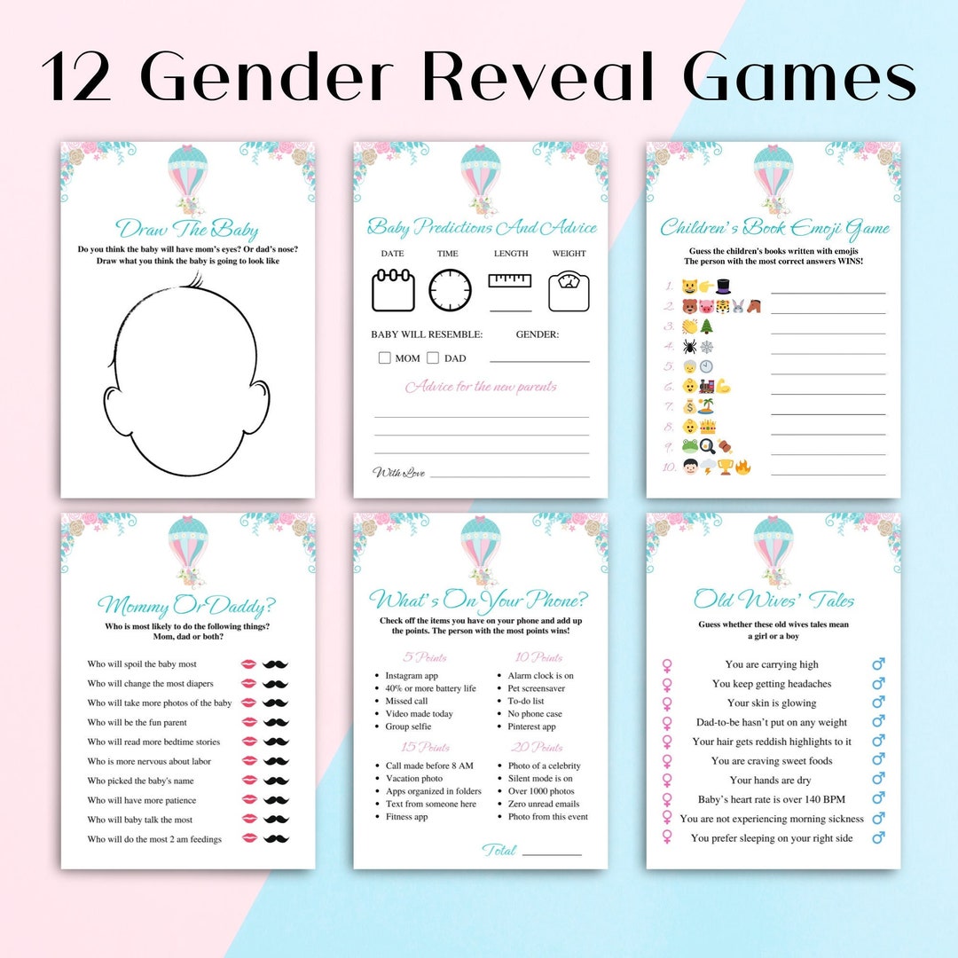 12 Printable Gender Reveal Games | Pink and Blue Baby Gender Reveal Party Games | Hot Air Balloon Gender Reveal Games for Family DOWNLOAD - Etsy for Free Printable Gender Reveal Decorations