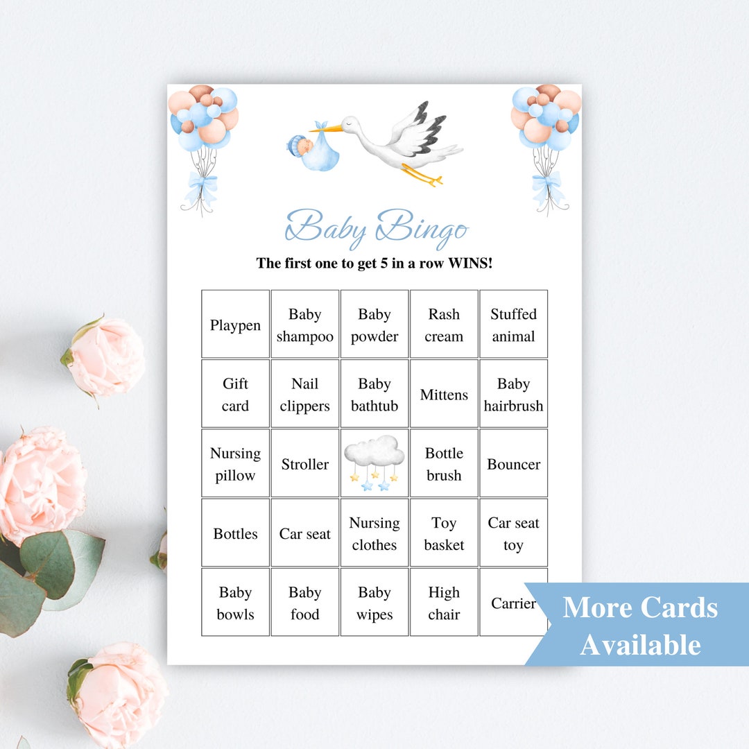 30 Printable Blue Stork Baby Shower Bingo Cards | 5x7'' Prefilled Stork ...