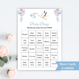 30 Printable Blue Stork Baby Shower Bingo Cards | 5x7&#39;&#39; Prefilled Stork Themed Baby Bingo Cards | Boy Baby Shower Games | DOWNLOAD