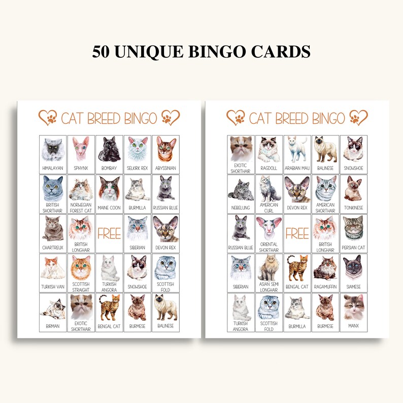 50 Printable Cat Bingo Cards Cat Breed Picture Bingo Cat Themed