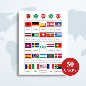 50 afdrukbare wereldvlaggen bingokaarten | Vlag Foto Bingo | Wereldvlaggen Klaslokaalspel | 36 landen inbegrepen | Amerikaanse brief 8,5 x 11 DOWNLOAD