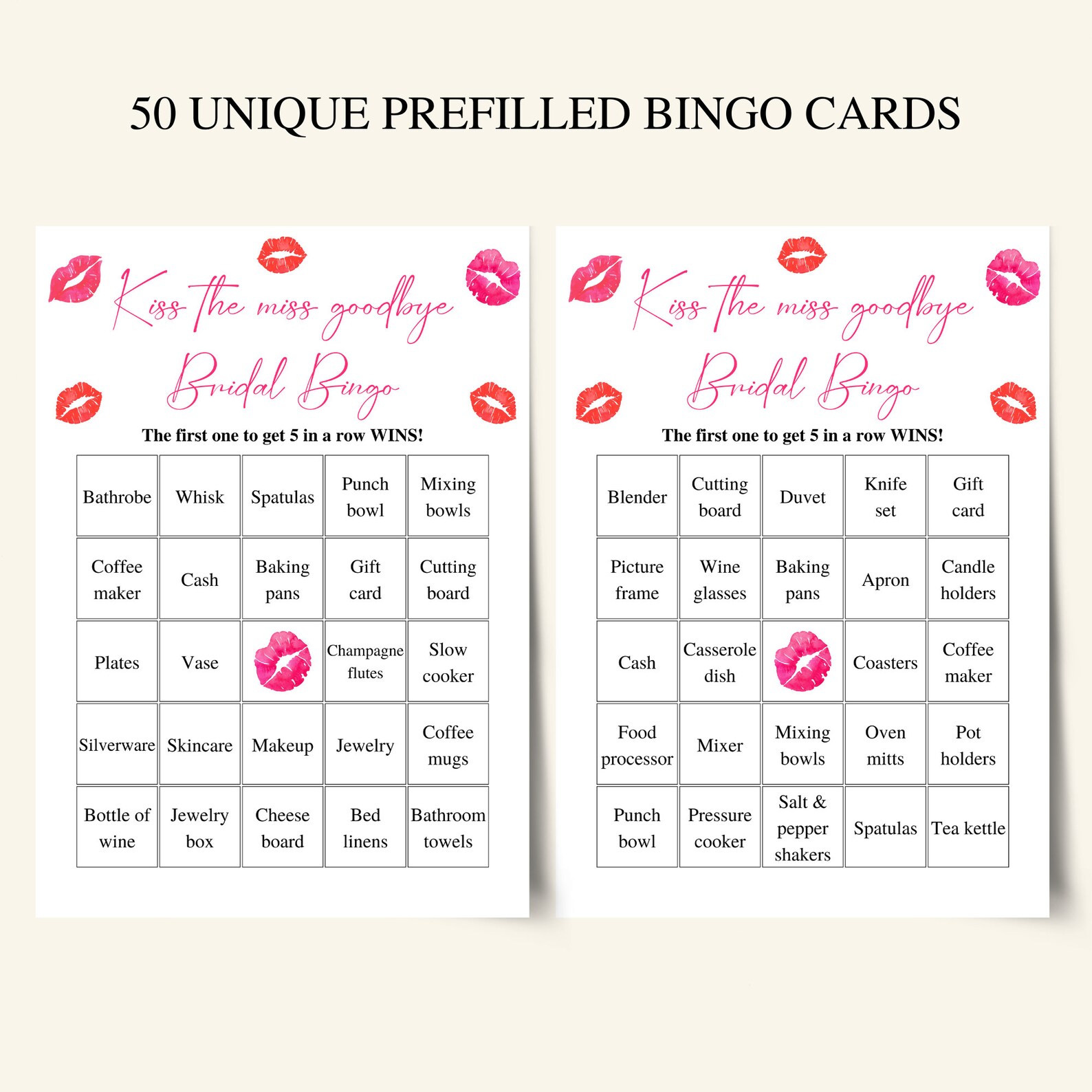 50 Printable Bridal Shower Bingo Cards Prefilled Bridal Shower Gift
