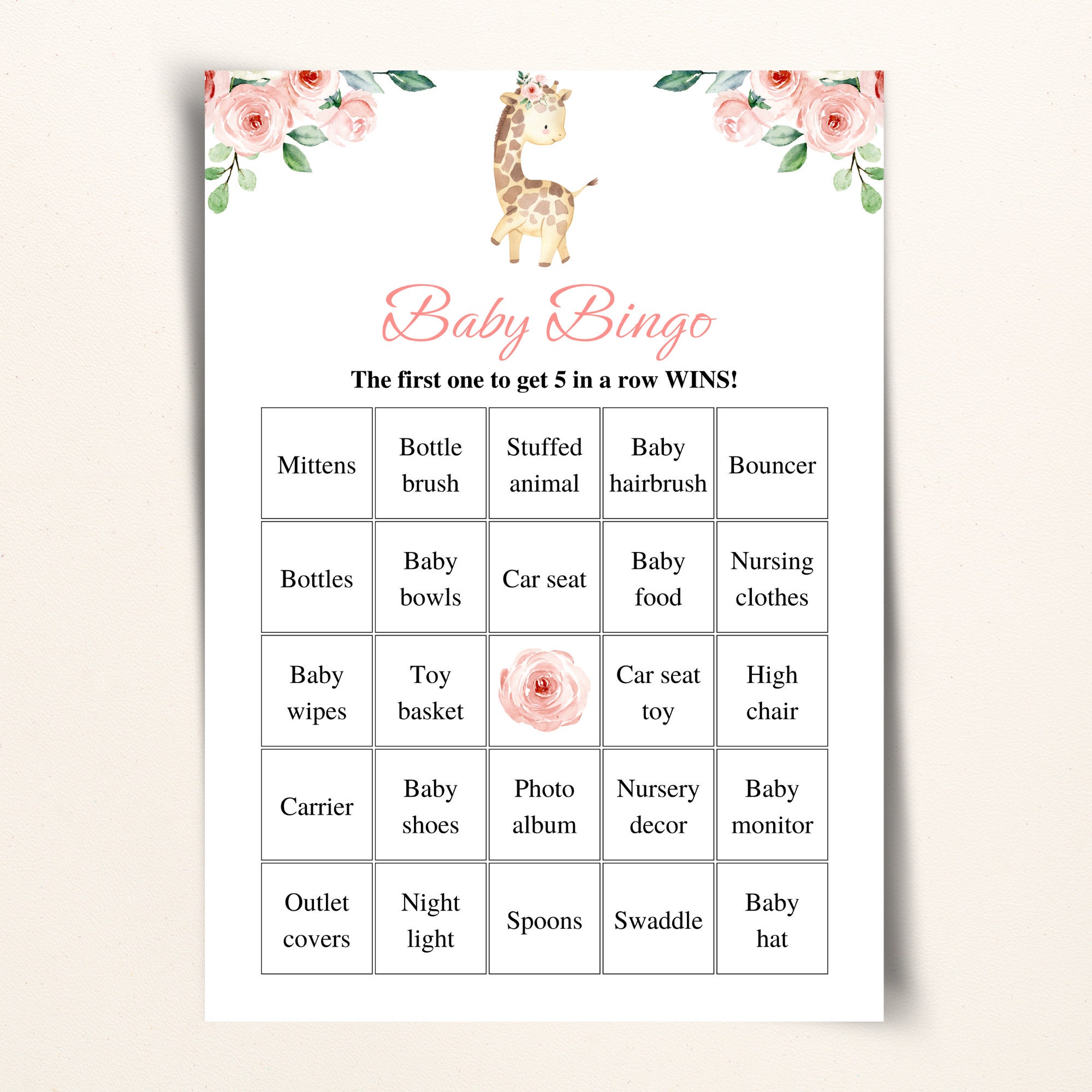 30 Printable Pink Giraffe Baby Shower Bingo Cards 5x7'' Prefilled Baby ...