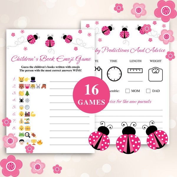 16 Printable Pink Ladybug Baby Shower Games | Ladybug Themed Baby Shower Game Bundle | Girl Baby Shower Games | DOWNLOAD