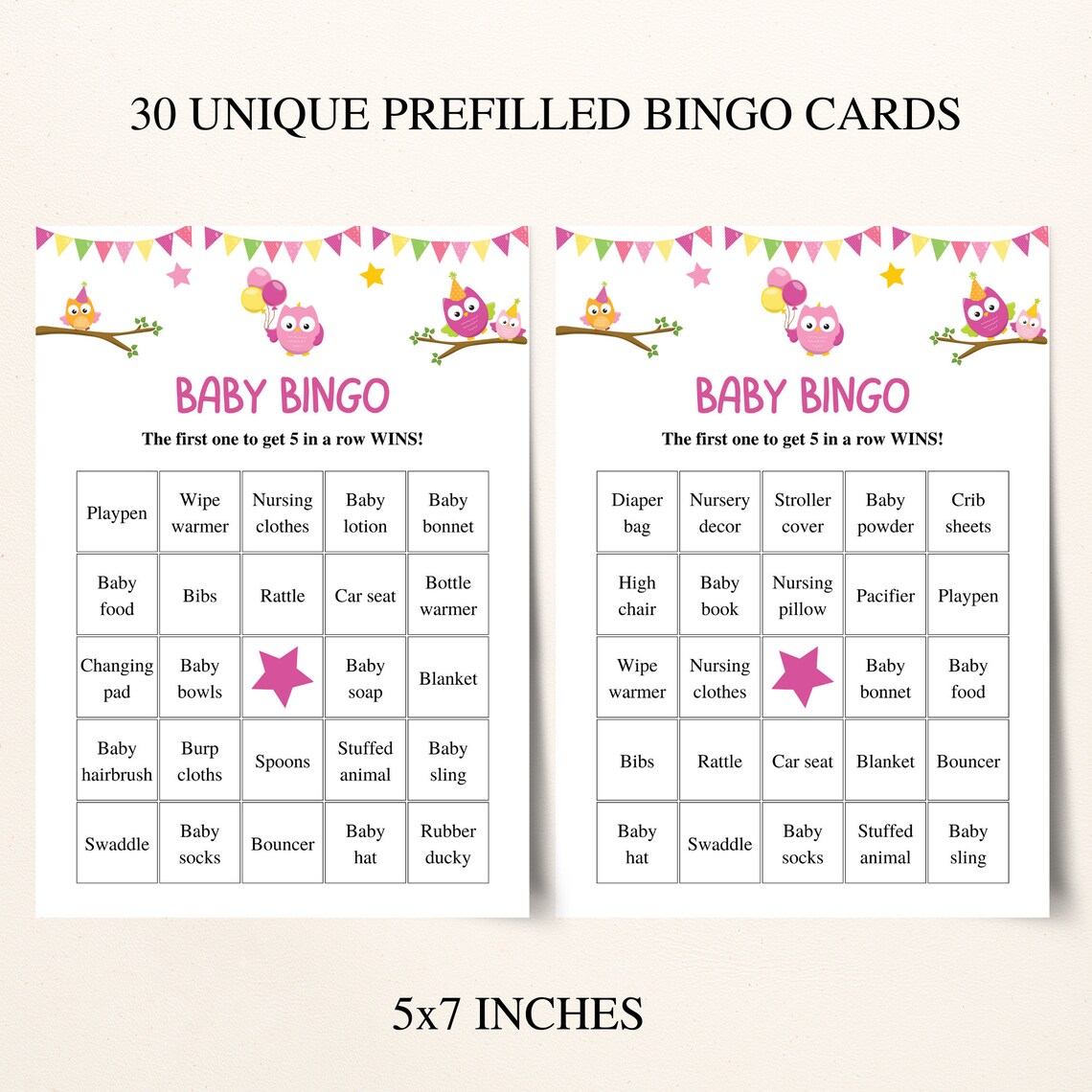 30 Printable Owl Baby Shower Bingo Cards 5x7'' - Etsy