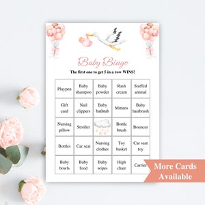 30 Printable Pink Stork Baby Shower Bingo Cards | 5x7&#39;&#39; Prefilled Stork Themed Baby Bingo Cards | Girl Baby Shower Games | DOWNLOAD