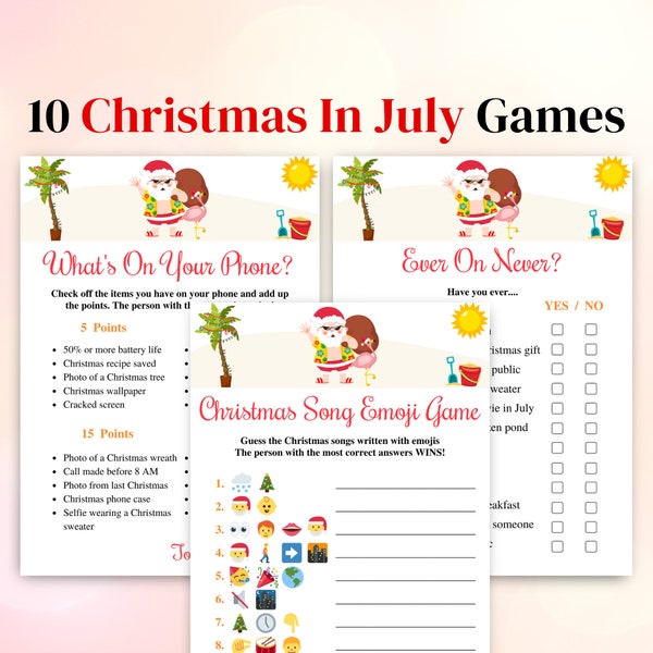 10 Printable Christmas In July Games | Tropical Christmas Game Pack | Christmas In July Party Games | US Letter & A4 Inlcuded | DOWNLOAD