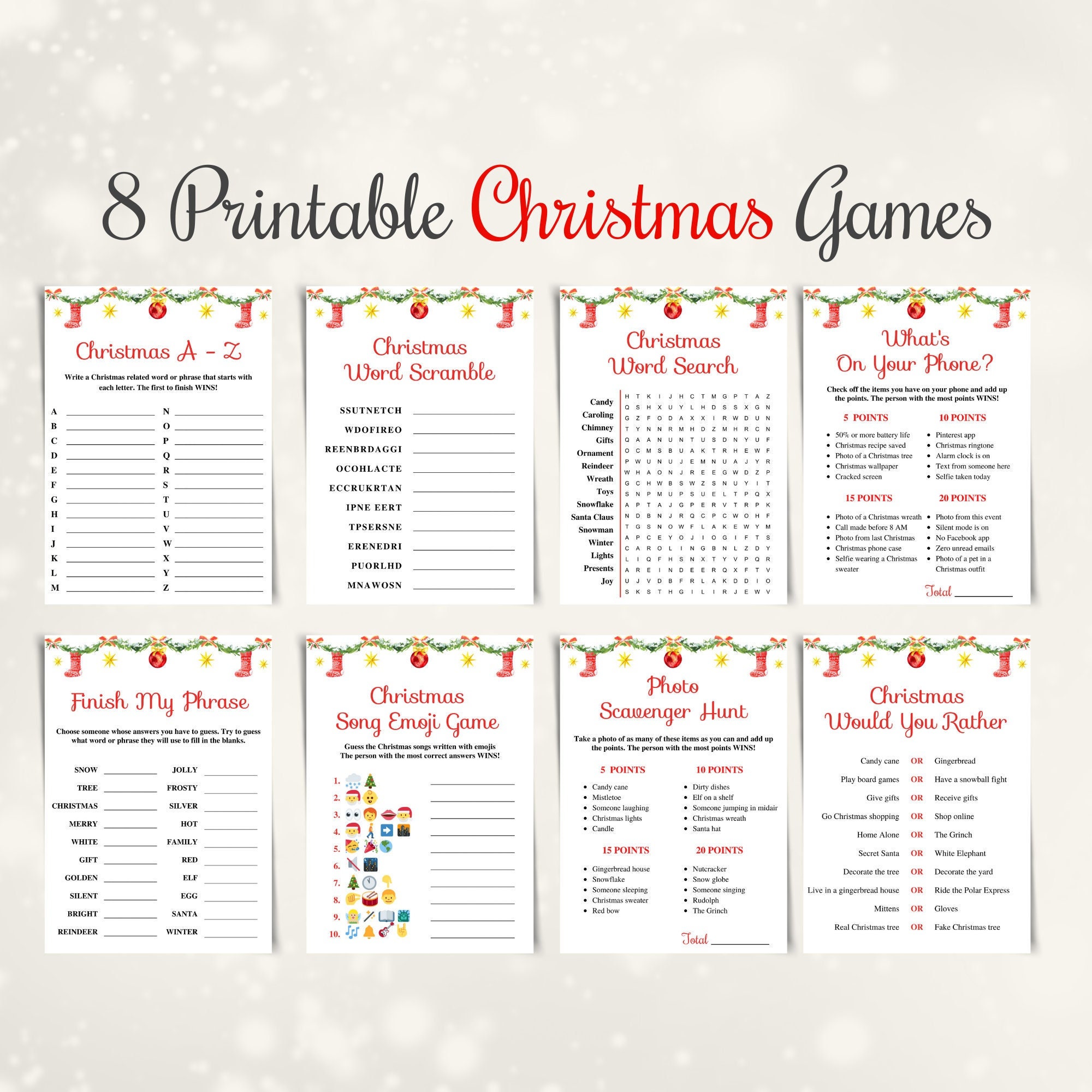 8 Printable Christmas Games Printable Xmas Game Pack Holiday - Etsy