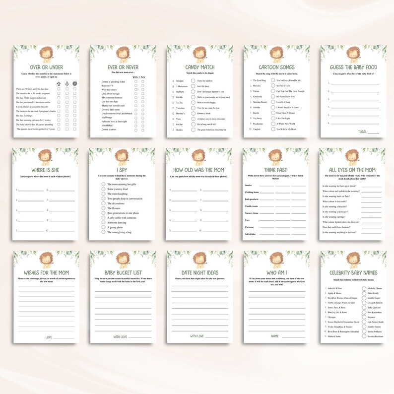 30 Printable Lion Baby Shower Games, Jungle Baby Shower Games, Safari Baby Shower Games, Safari Animals Baby Shower Games, DOWNLOAD image 7