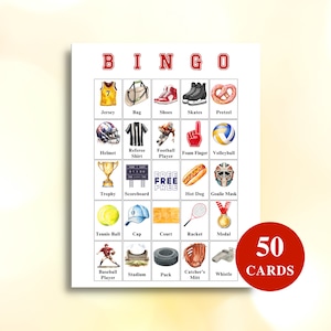 50 cartes de bingo sportif imprimables | Bingo photo sur le thème du sport | Jeux de fête d'anniversaire | TÉLÉCHARGER Lettre US 8,5 x 11
