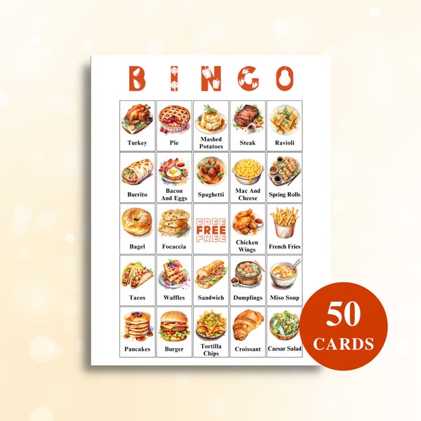 50 druckbare Food Bingokarten | Motivbild Bingo | Geburtstagsparty Spiele | Dinner Party Spiele | US Letter 8,5x11 DOWNLOAD