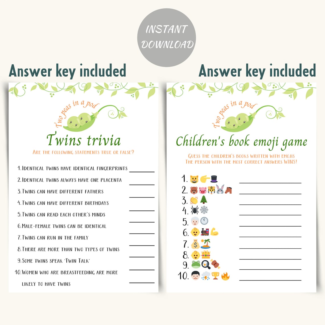 Printable Twins Baby Shower Games Two Peas In A Pod Twin Baby Etsy