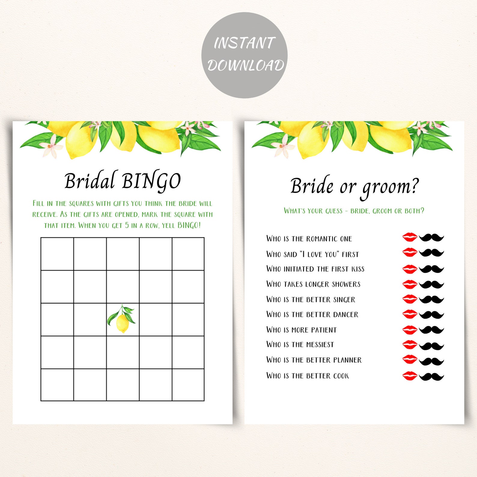 Printable Lemon Bridal Shower Game Bundle 5x7 Citrus Bridal Etsy